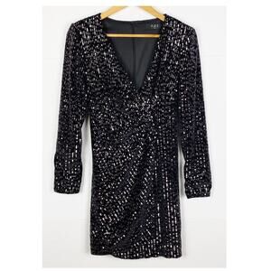 O.P.T Velvet Sequin Faux Wrap Black Mini Dress Long Sleeve Size XS
